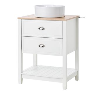 Meuble Sous-vasque 2 Tiroirs Et Niche Avec Vasque Céramique Ronde En Mdf Blanc Et Bois Clair