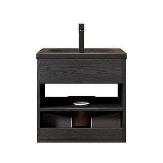 Meuble Vasque Intégré En Céramique Noir Mat, Placage Chêne Foncé, Tiroir Soft-close