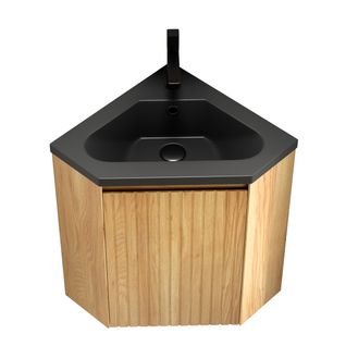 Meuble Vasque Mural D'angle Triangulaire, Vasque Intégrée Résine Noire Mate, Porte Bois