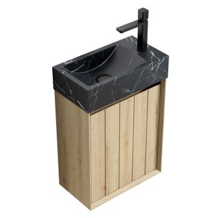 Meuble Lavabo Mural Compact Avec Vasque Intégrée En Marbre Noir Naturel Et Porte Chêne