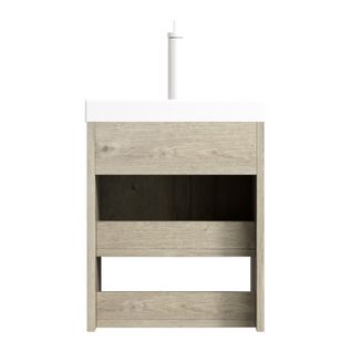 Meuble Lavabo Avec Vasque Céramique Blanche Intégrée, Façades Bois Chêne Et Étagère Ouverte