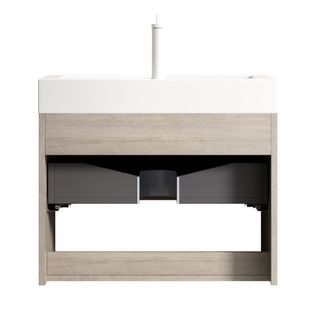 Meuble Lavabo Mural 70 Cm En Chêne Clair, Plan Vasque Monobloc En Résine Blanche, Tiroir Massif