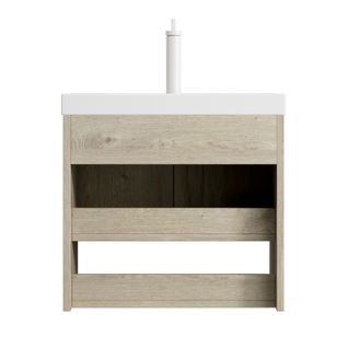 Meuble Lavabo Mural En Céramique Blanche, Façade Chêne Crème, 2 Portes Et Étagère Ouverte