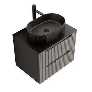 Meuble Vasque Suspendu En Pierre Sintrée Et Lavabo Céramique, Finition Bois Ou Gris Foncé