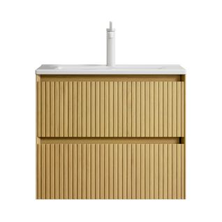 Meuble Sous-vasque 61 Cm En Chêne Doré Et Céramique Blanche, Vasque Intégrée, 2 Tiroirs Massifs