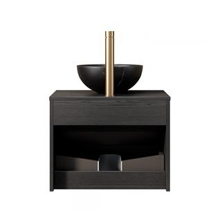 Meuble Lavabo 60 Cm Noir En Céramique Effet Pierre, Tiroir Bois Massif Et LED Sensorielle