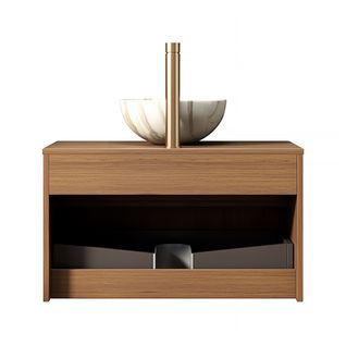 Meuble Vasque Suspendu 80 Cm En Chêne Brun Et Céramique, Tiroir Massif à Fermeture Douce