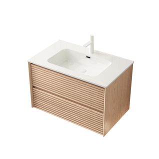 Meuble-lavabo Mural En Noyer Naturel, Vasque Céramique Blanche Intégrée Et 2 Tiroirs Soft-close