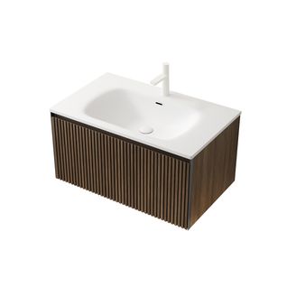 Meuble Lavabo 80 Cm Chêne Brun Avec Vasque Céramique Intégrée, Tiroir à Fermeture Douce
