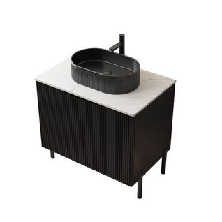 Meuble Lavabo Indépendant Noir Mat Avec Vasque Ovale En Céramique Striée Et Plan En Pierre Frittée