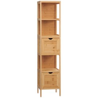 Armoire D'angle Pour Salle De Bain 30x30x140 Cm En Bambou, 3 Étagères Et 2 Tiroirs Amovibles