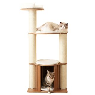 Arbre à Chat 98 Cm En Bois Massif Blanc, 3 Niveaux Avec Coussins Nuage Amovibles Et Sisal