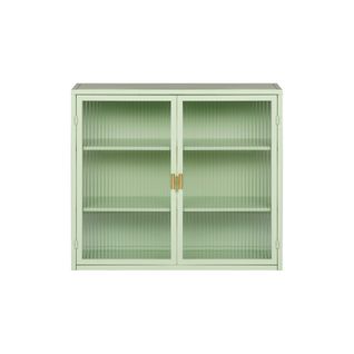 Buffet Mural 70 Cm Vert Menthe En Verre Trempé Et Métal, 2 Portes Cannelées, 3 Niveaux