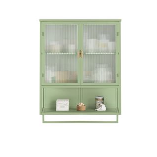 Meuble Mural 60x23x78 Cm En Verre Cannelé Et Métal Vert, Armoire 2 Portes Avec Étagère Ouverte