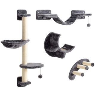 Set Mural D'escalade 4 Pièces Pour Chats En Polyester Gris Foncé Avec Panneaux Bois, Charge 5 Kg