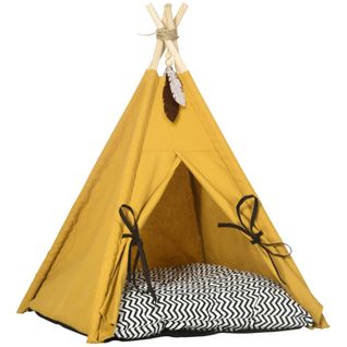 Lit Pour Animaux 60x60x76 Cm Style Tipi Jaune En Polyester, Coussin Épais Lavable En Machine