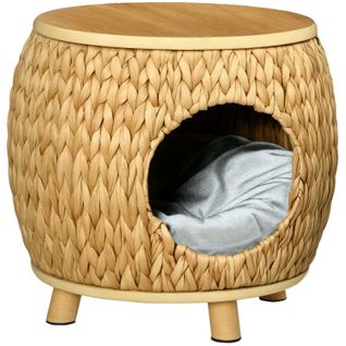 Maison Pour Chat En Herbe D'eau 44x43x42 Cm, Structure Bois Et Métal, Coussin Flanelle Lavable
