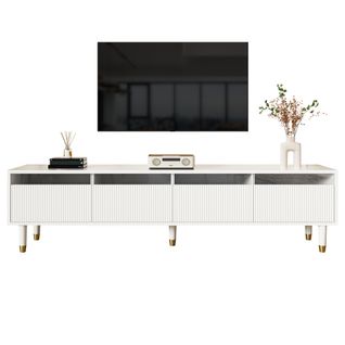 Meuble TV Blanc Moderne 178 Cm, Design Minimaliste, 4 Tiroirs, Mdf Et Acrylique, Idéal Pour Salon