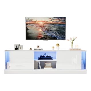 Meuble TV Blanc Haut Brillant Avec LED Et Rangement, Pour TV Jusqu’à 70 pouces, Salon Moderne