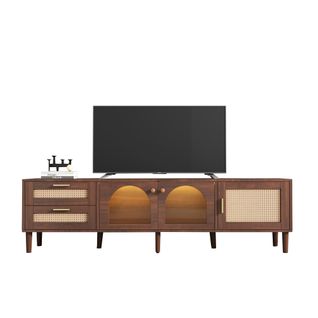Meuble TV 180 Cm Pour TV Jusqu'à 80", 2 Tiroirs Rattan, 2 Portes Verre, LED Intégré
