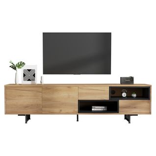 Meuble TV Bas 173x38x48 cm, Rangement Ouvert Avec Étagères En Échelle, Bois, TV Jusqu’à 70