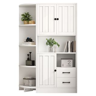 Meuble D'angle 104 X 35 X 155 Cm En Panneau Blanc — 3 Portes, 2 Tiroirs, 6 Niches, 14 Espaces