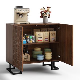 Buffet Bas En Mdf Noyer Foncé Avec Relief De Feuilles, Pieds Métal Noirs 15 Cm