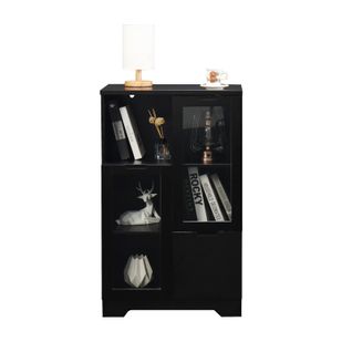 Buffet En Mdf Noir Avec Portes En Verre, Tiroir, Espace De Rangement Ouvert, Pour Chambre Et Salon