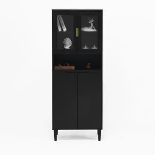 Buffet Noir Avec Portes En Verre Trempé, Étagères Réglables, Pour Salon Et Chambre