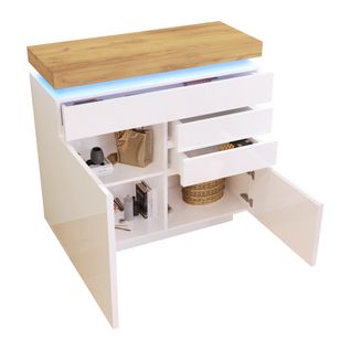 Buffet Moderne Blanc Brillant Avec LED à Commande Via Application, 2portes Et 3tiroirs,115x110x39cm