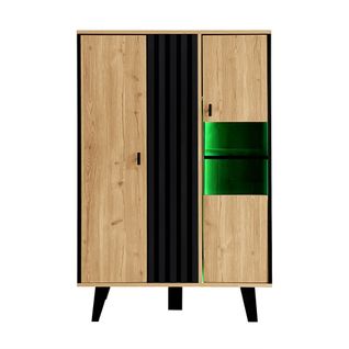 Buffet Vitrine Noir Et Bois Avec Portes Vitrées Et Éclairage LED – Design Élégant Et Moderne