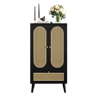 Buffet Compact 110 Cm, Design Rotin Noir, 2 Portes, 1 Tiroir, Meuble De Rangement Polyvalent