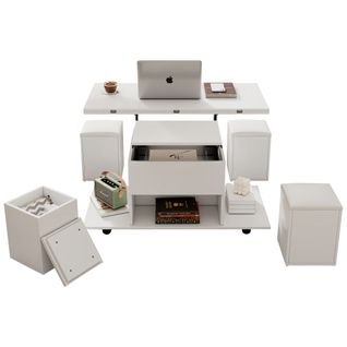 Table Basse Relevable 100x51 Cm En Panneau Blanc, Plateau 2-en-1 Pliant Et Rangement Ouvert