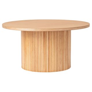 Table Basse Ronde Piédestal 90 Ou 60 Cm En Bois Massif Et Mdf, Finition Naturelle Grain Bois