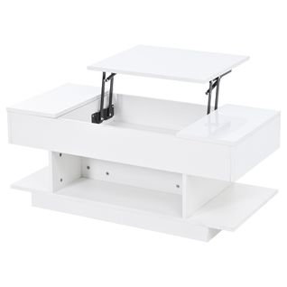 Table Basse Relevable 98x45x40 Cm Blanche, Plateau Jusqu'à 54,5 Cm, LED Pilotable Et Rangement