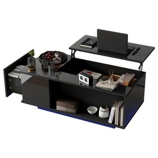 Table Basse 100x50x40 Cm Noire Avec Plateau Relevable Hydraulique, Rangement Caché Et LED Bluetooth