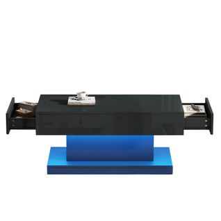 Table Basse 100x50x45 Cm Noir Brillant, Design En I Unique Avec 2 Tiroirs Et Bande LED Pilotable