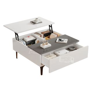 Lit Table Basse 70x70x35 Cm Blanc Et Gris, Plateau Relevable Hydraulique Avec Éclairage LED