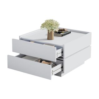 Table Basse Rotative 360°, Plateau Pivotant, 2 Étagères, Rangement, Structure Blanche 60x60x38 Cm