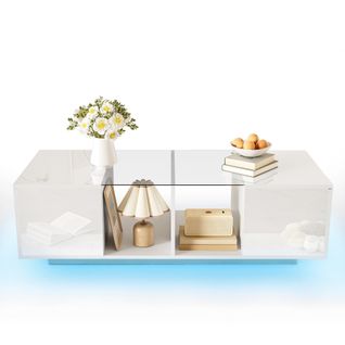 Table Basse Moderne Blanche Plateau Brillant LED Pour Salon 120 Sur 50 Sur 38 Virgule 5