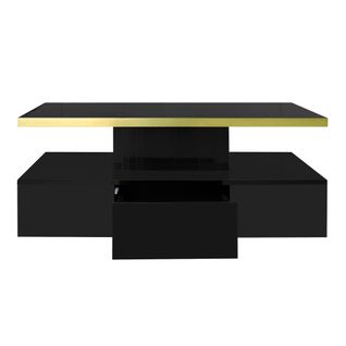 Table Basse Laquée Brillante Avec LED Intégrée, Double Plateau Et Tiroirs Pour Salon