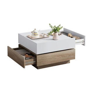Table Basse Rotative 360° 60x60x38 Cm, 2 Étagères, Rangement, Cadre Noyer Blanc, Idéale Salon