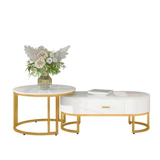 Ensemble 2 Tables Basses Gigognes, Métal Doré, Design Moderne Et Élégant