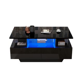 Table Basse Laquée Moderne Avec LED Et 2 Tiroirs, 90x55x41 Cm, Élégante Et Fonctionnelle