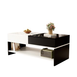 Table Basse Moderne Avec 2 Tiroirs Design Noir Et Blanc Plateau Brillant 100 Cm Pour Salon