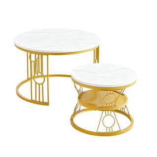 Table Basse 2 En 1 Ronde En Mdf, Plateau Marbré ,  Pieds En Métal.