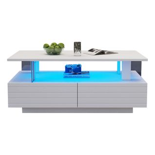 Table Basse Blanche LED Acrylique, Double Plateau, Rangement, Bluetooth Via Appli, Design Moderne
