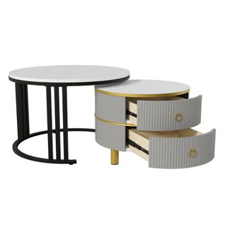 Table Basse Ronde 2 En 1, Effet Marbre Brillant, 2 Tiroirs, 70x46 Et 50x40 Cm, Design Moderne Salon