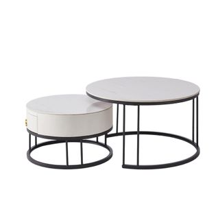 Table Basse 2 En 1 Ronde En Mdf, Plateau Marbré, Tiroirs ,  Pieds En Métal.