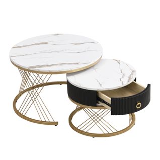 Tables Basses Élégantes 2 Pièces, Imitation Marbre, Décor Doré Et Tiroirs, Design Moderne Pour Salon